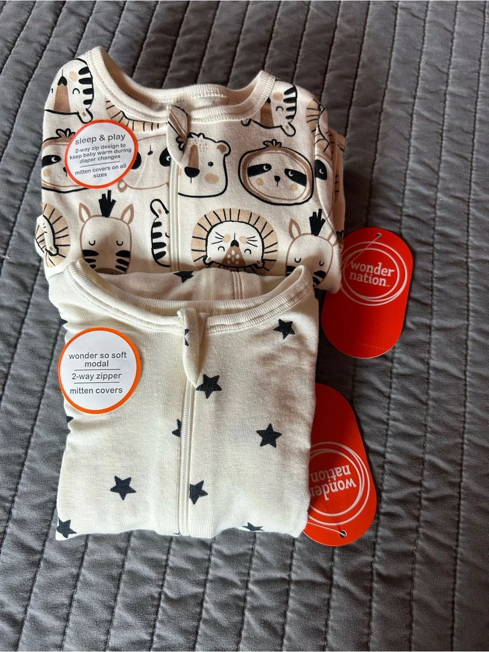 Wonder Nation neutral Animal & Star Print Cotton One-Piece Sleepers - 2-Pack